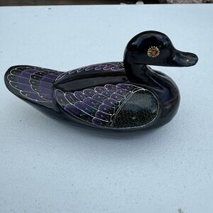Black Lacquer‎ Hand Painted Wood DUCK Trinket Jewelry Box Thailand  7 Inches